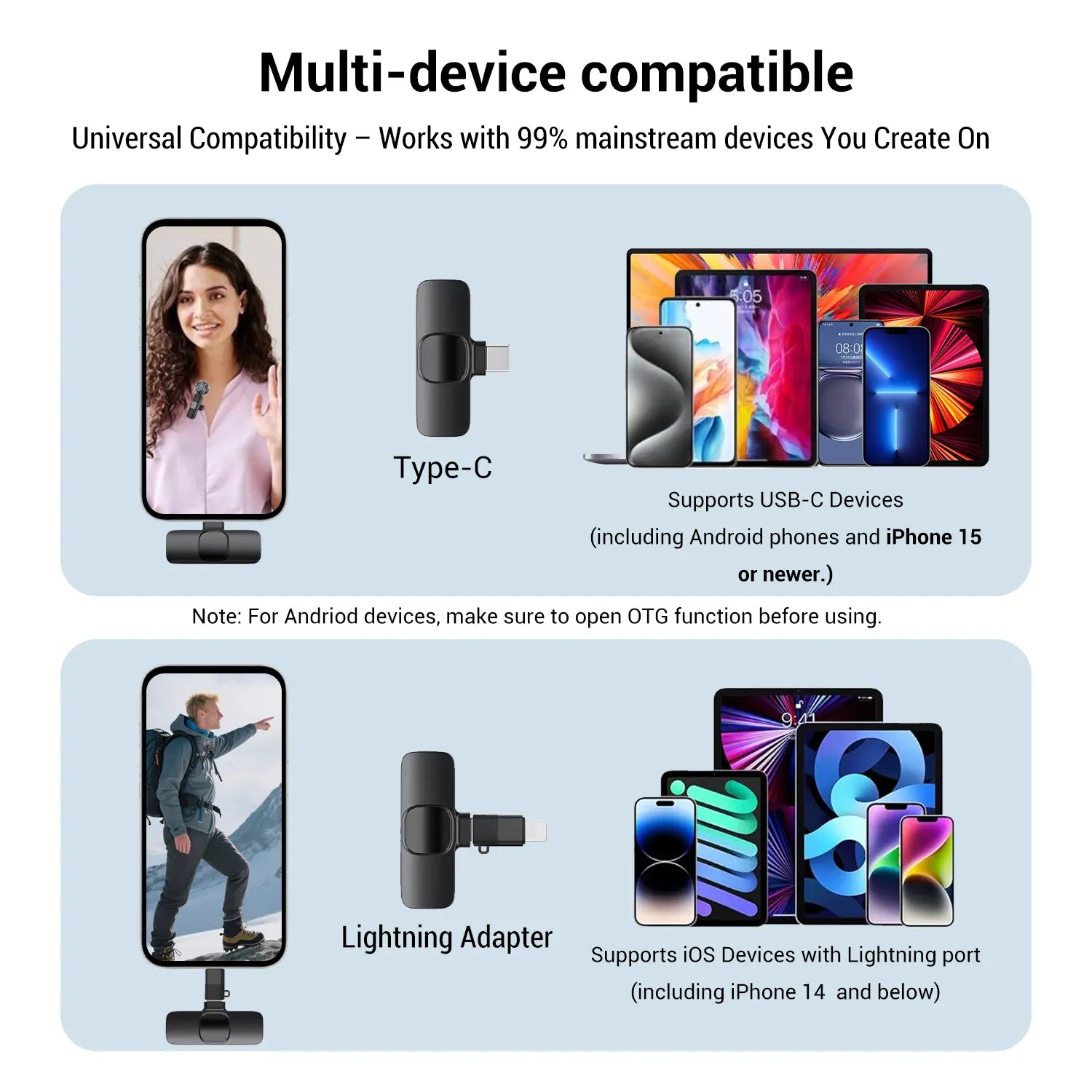 Hitozon Wireless Microphone for Iphone Ipad and Android Phone, 2 Pack Wireless Lavalier Lapel Mic with Noise Reduction, Plug and Play Mini Microphone for Video Recording Interview Podcast Youtube Tiktok Vlog,Summerwins