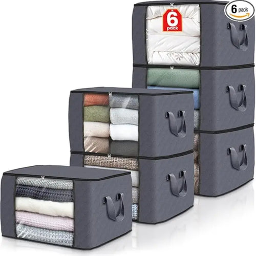6-Pack Grey Foldable Thick Cloth Clothing Storage Bags with Handles, Travel Organizers for Bedroom Wardrobe, Window, Cabinet, Tool, Student Item Organization (Clothes, Bedding)