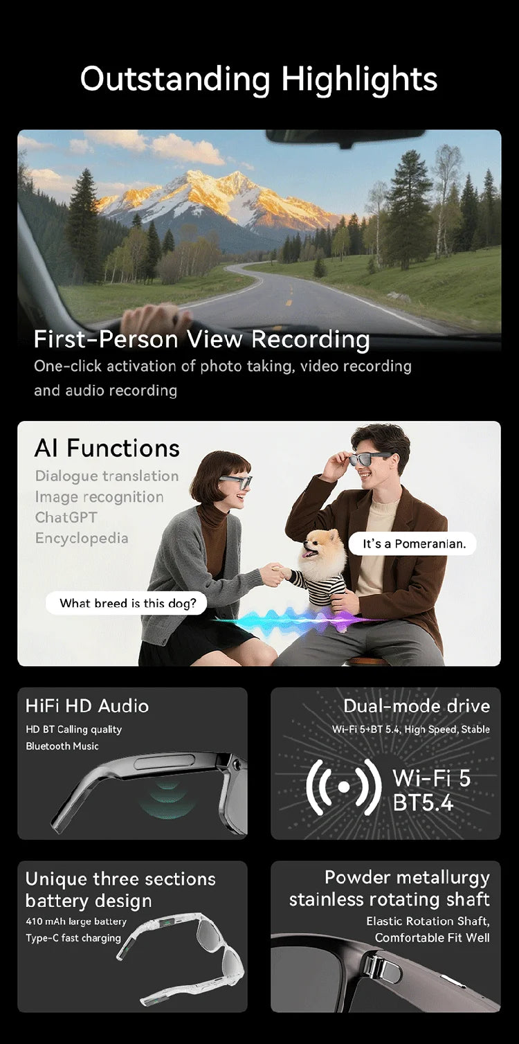 Customized AI Translation Audio Eyewear Smart Camera Glasses with Wireless Voice Assistant HD Video Music