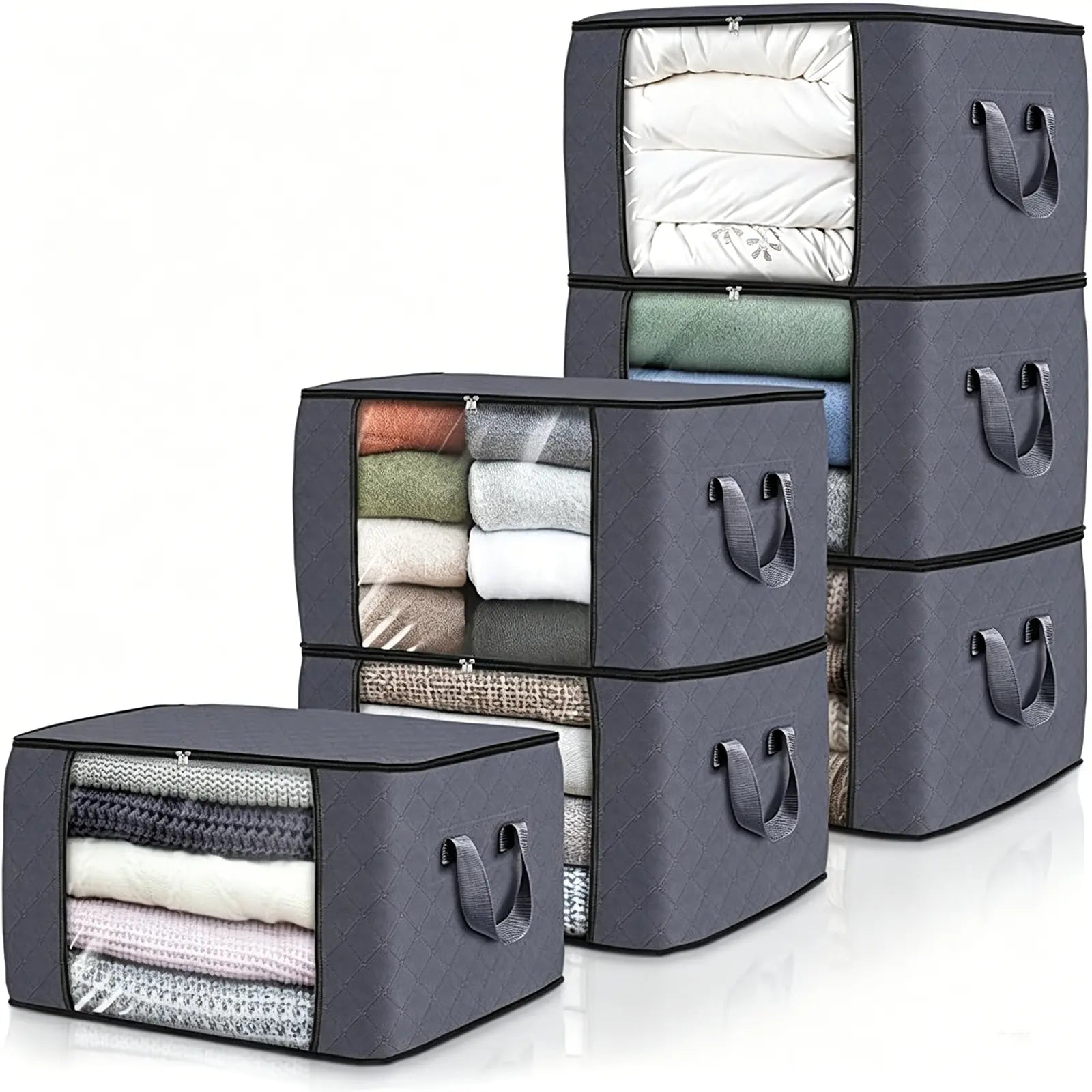 6-Pack Grey Foldable Thick Cloth Clothing Storage Bags with Handles, Travel Organizers for Bedroom Wardrobe, Window, Cabinet, Tool, Student Item Organization (Clothes, Bedding)